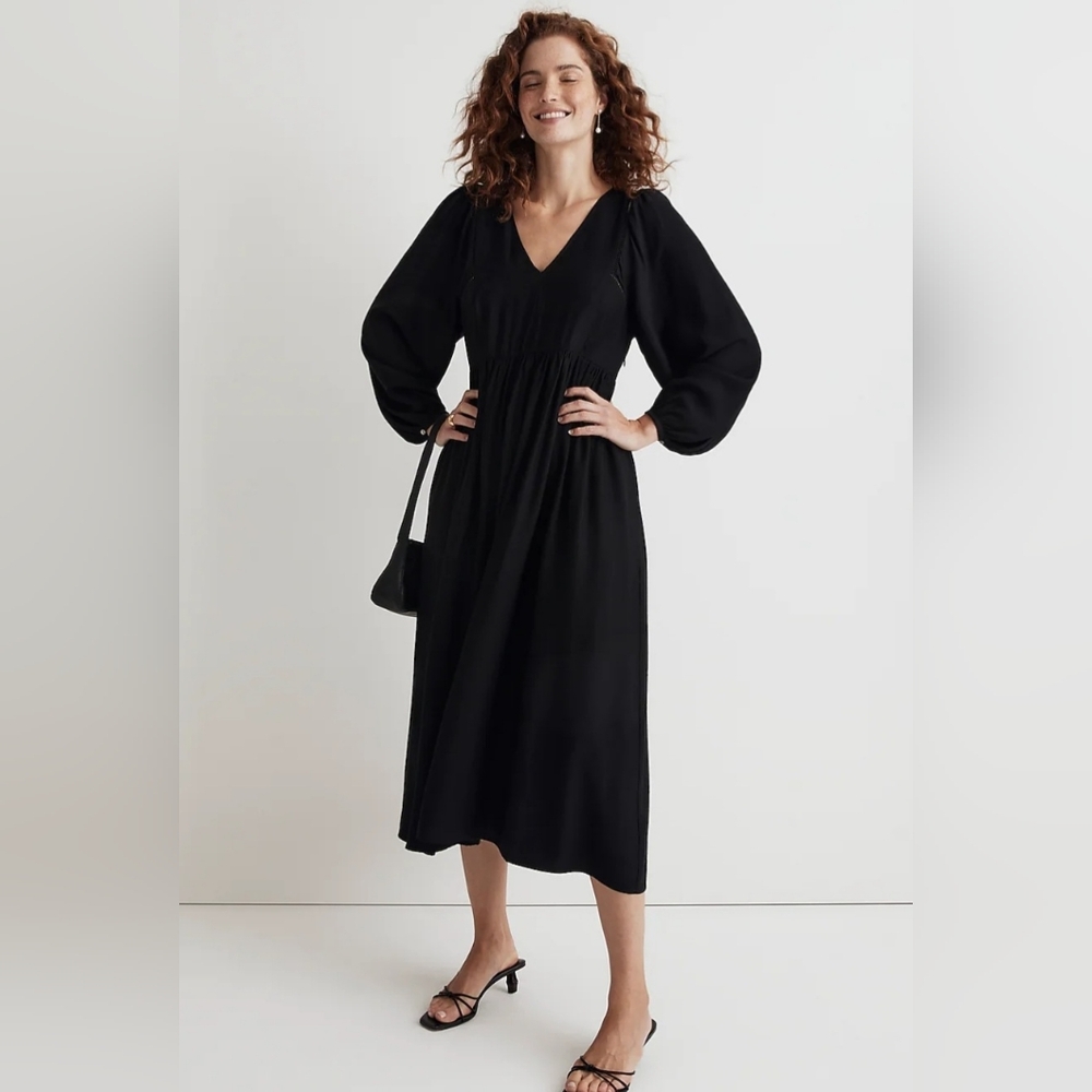 Madewell V-Neck Empire Black Midi Dress Size L Excellent Condition